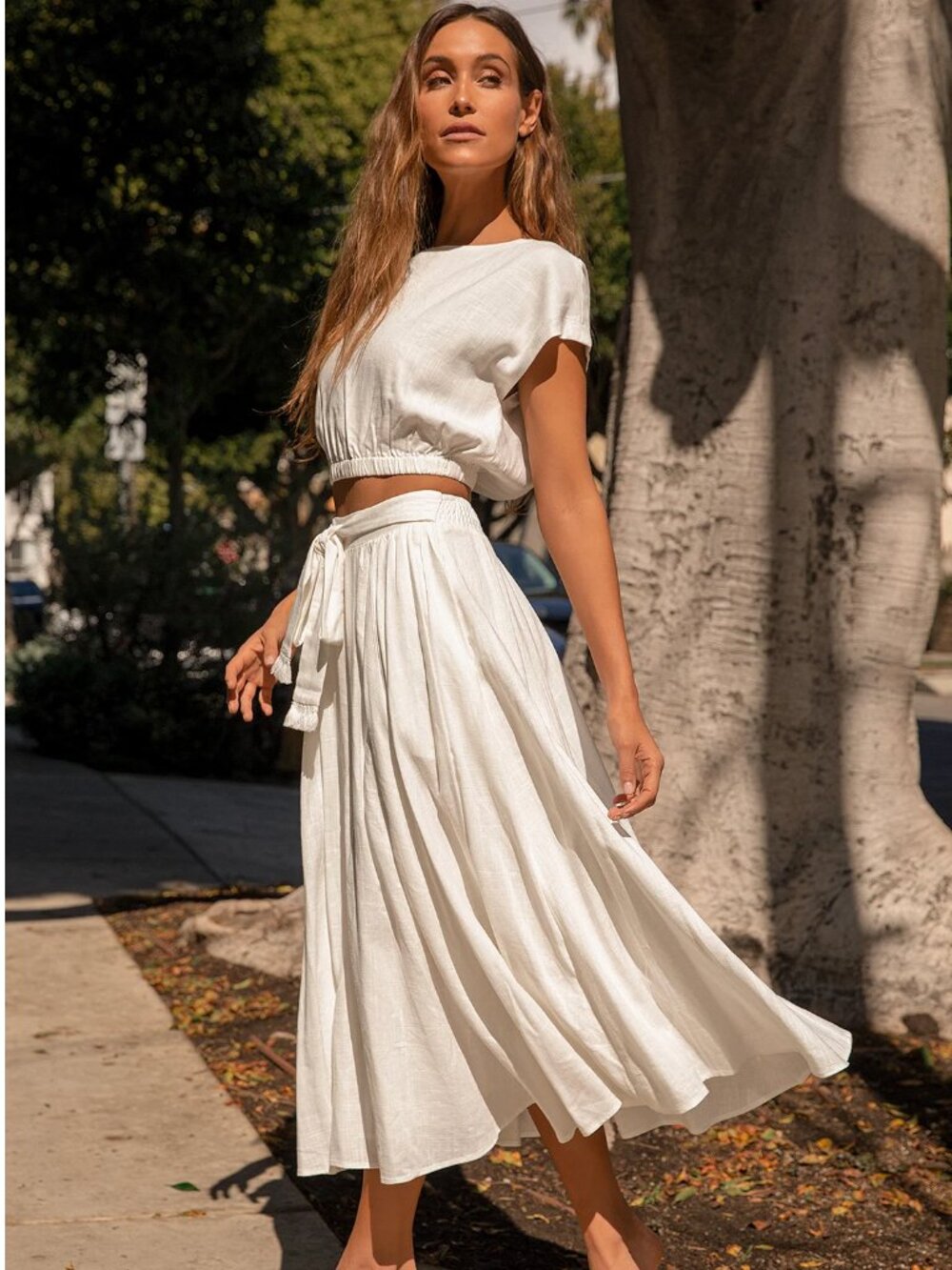 Off White Linen Crop Top Skirt Set